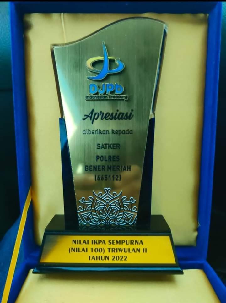 Polres Bener Meriah Raih Treasury Award DJPB 2022 Provinsi Aceh