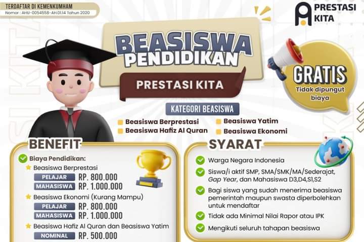 Beasiswa Prestasi Kita 2023 Dibuka untuk Siswa SMP-SMA, Mahasiswa D3-S2