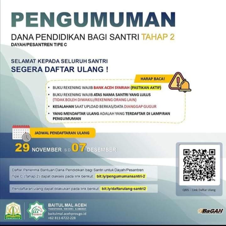 BMA Umumkan Penerima Beasiswa Santri Tahap 2 Dayah Tipe C
