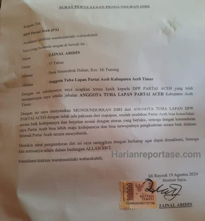 Zainal Abidin Mundur Dari Tuha Lapan PA Aceh Timur