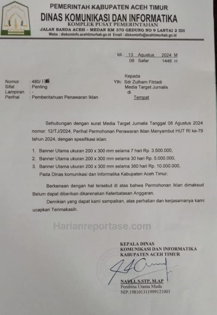 Anggaran Nyaris 1 M, Diskominfo Aceh Timur Ngaku Tak Ada Anggaran Iklan HUT RI