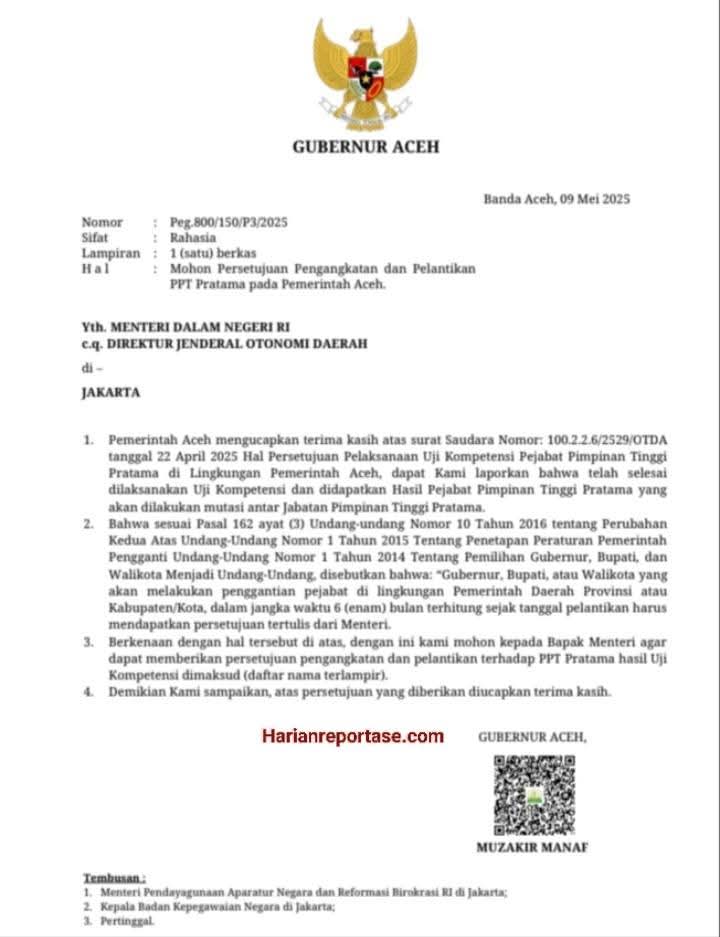 Mualem Minta Restu Mendagri Untuk Lantik Empat Pejabat Eselon II