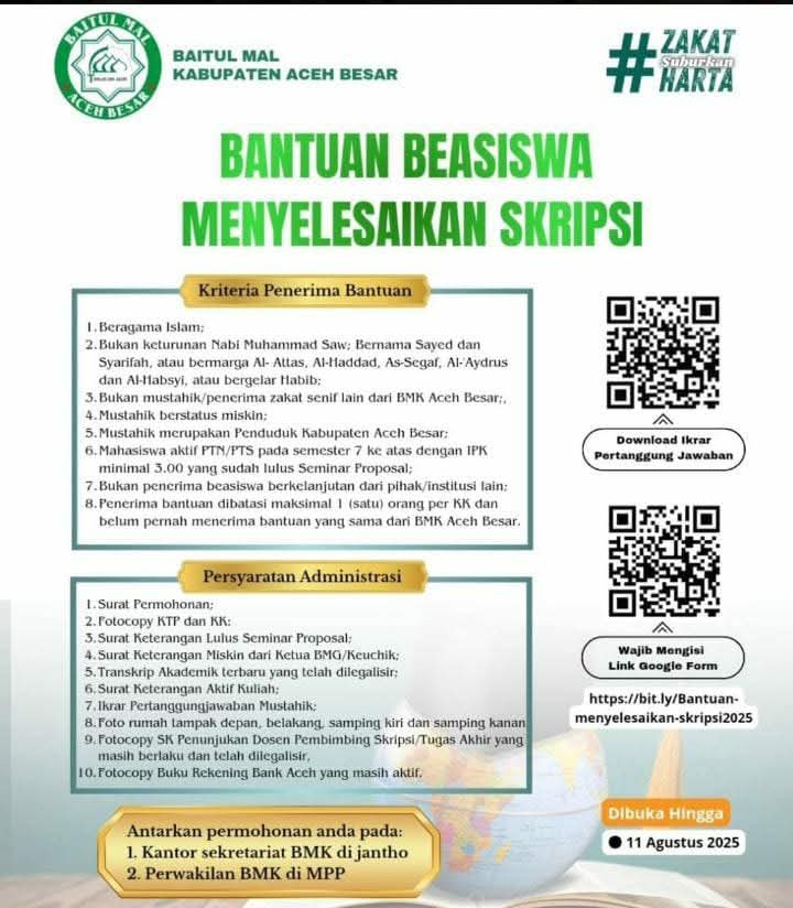 BMK Aceh Besar Buka Beasiswa Skripsi untuk Mahasiswa Akhir