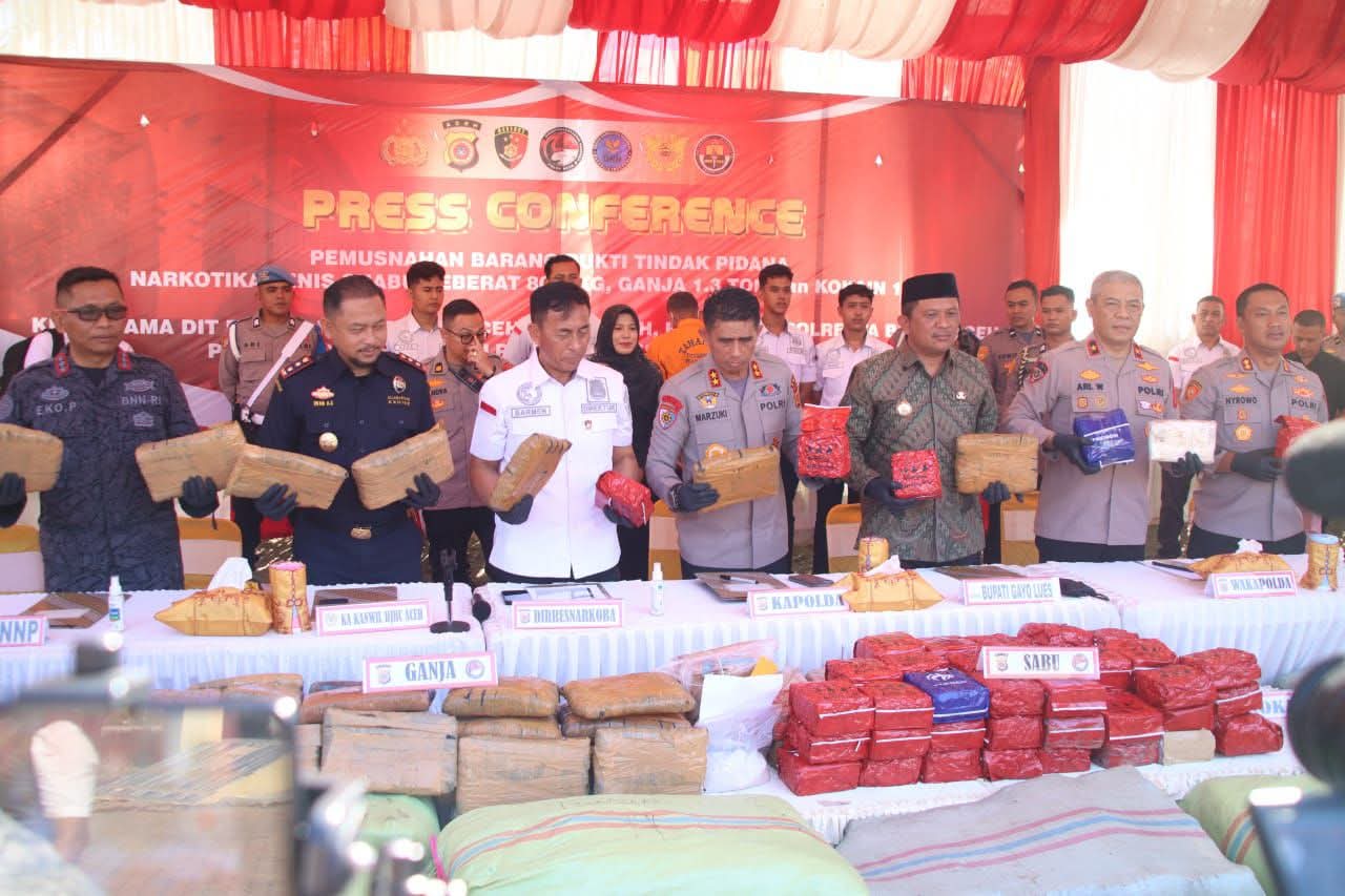 Polda Aceh Gagalkan Peredaran 1,3 Ton Ganja, 80,5 Kg Sabu, dan 1 Kg Kokain