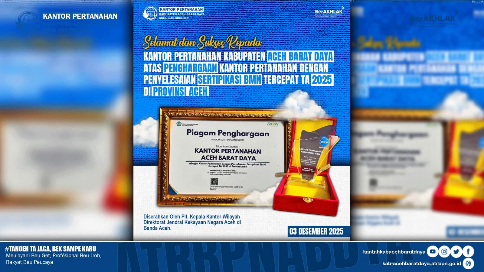 Kantor Pertanahan Abdya Raih Penghargaan Penyelesaian Sertipikasi BMN Tercepat TA 2025