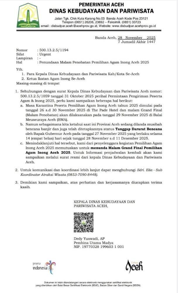 Malam Grand Final Pemilihan Agam Inong Aceh 2025 Ditunda