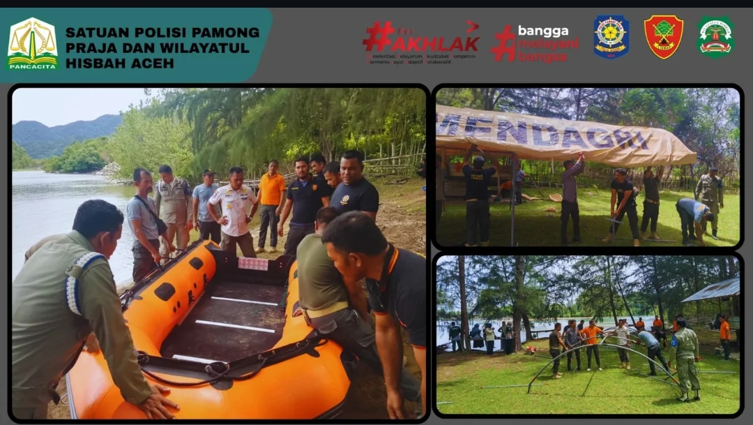Satgas Linmas Satpol PP dan WH Aceh Latihan Penanggulangan Bencana di Lhok Kaca