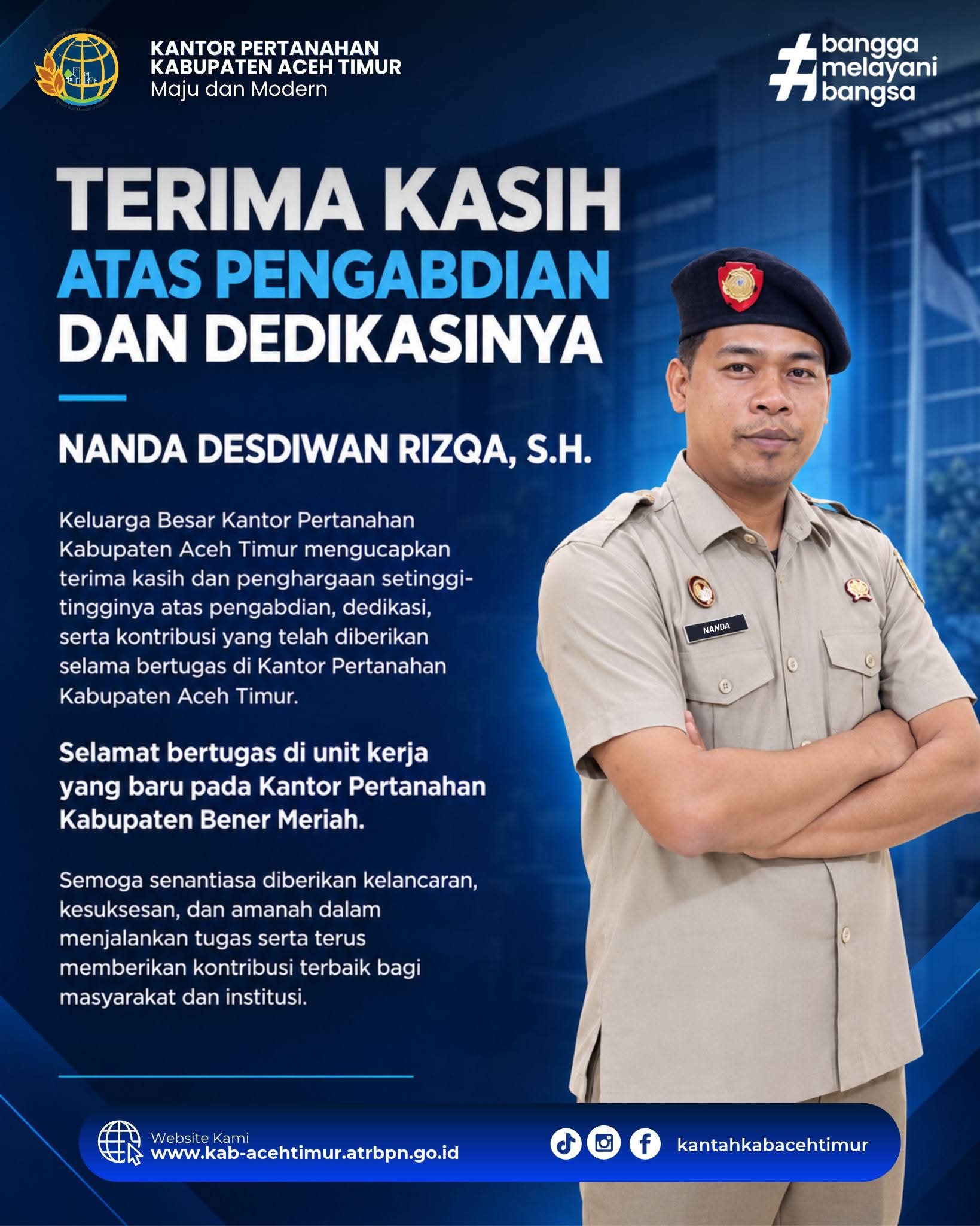 Lepas Tugas Nanda Desdiwan Rizqa, Kantah Aceh Timur Apresiasi Dedikasi dan Pengabdian