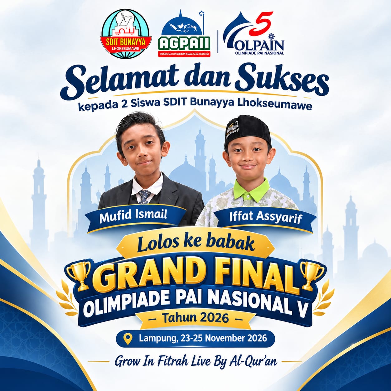 Harumkan Nama Lhokseumawe, Dua Siswa SDIT Bunayya Melaju ke Grand Final OLPAIN V Nasional di Lampung